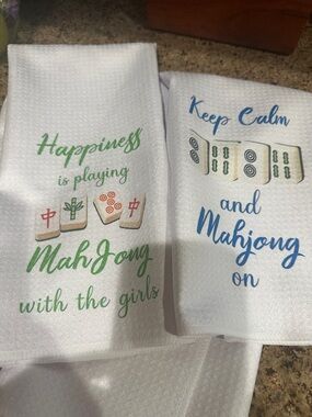 Mahjong Kitchen Towels - White with Blue & Green Script , set of two